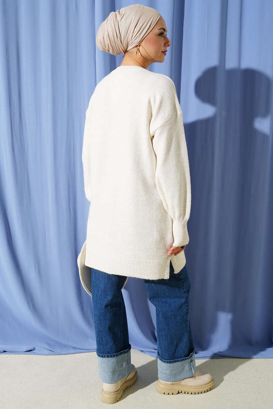 Soft Knit Tunic with Floral Collar and Ecru