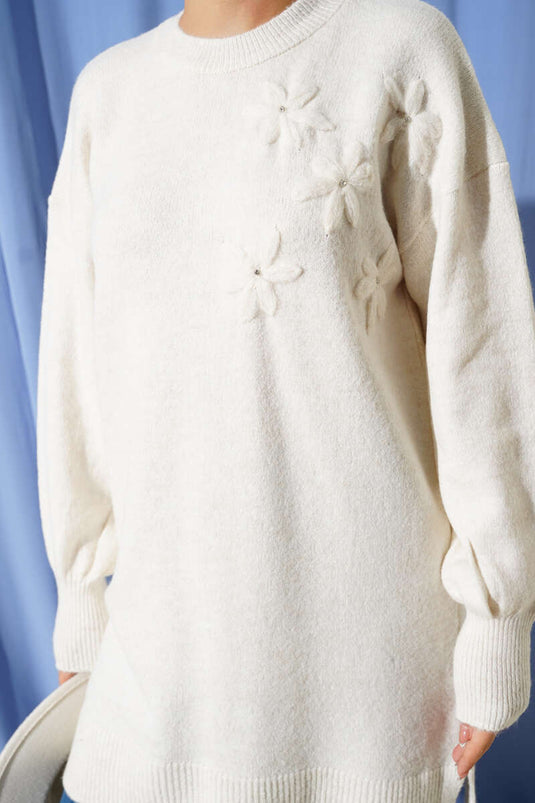 Soft Knit Tunic with Floral Collar and Ecru