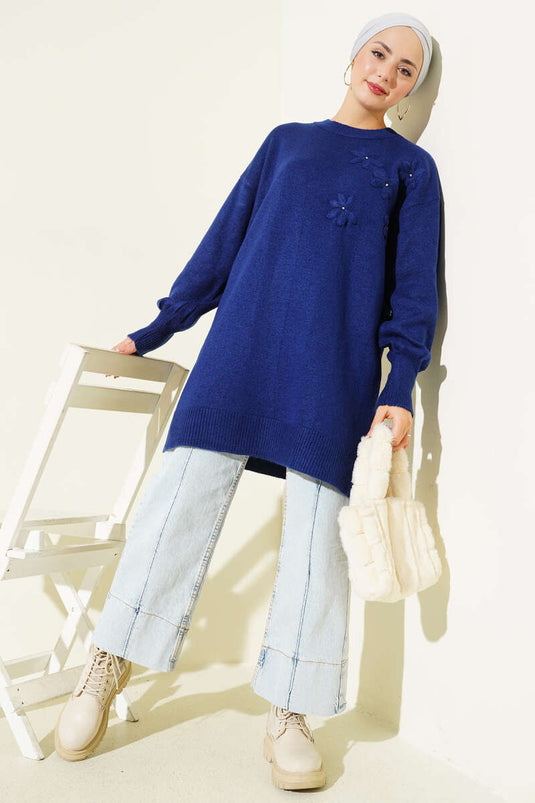Soft Knit Tunic with Floral Collar, Navy Blue