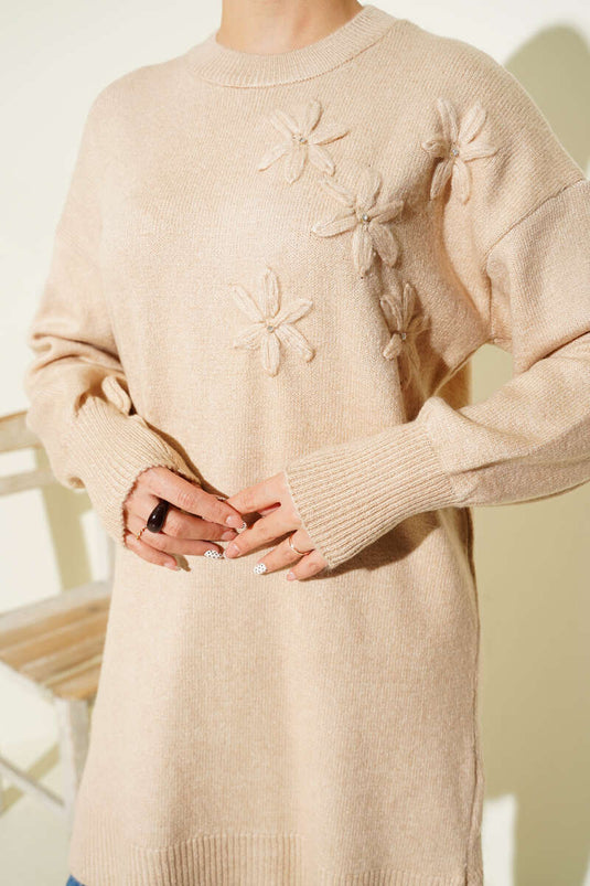 Soft Floral Collar Knit Tunic Latte