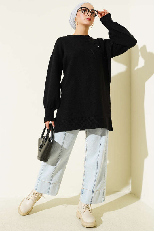 Soft Floral Collar Knit Tunic Black