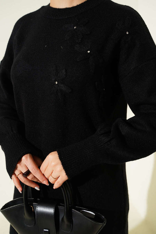 Soft Floral Collar Knit Tunic Black