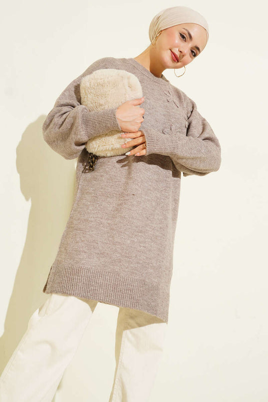 Soft Knit Tunic with Floral Collar and Mink