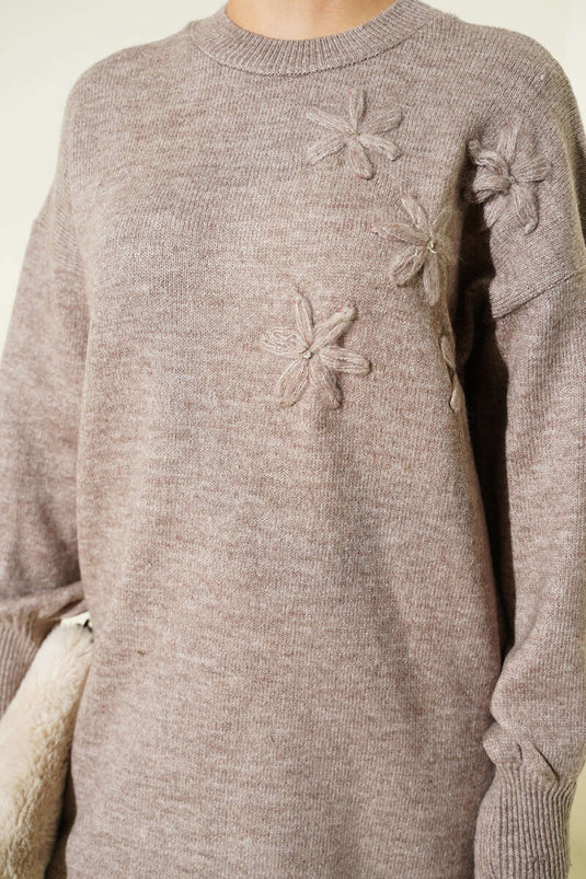 Soft Knit Tunic with Floral Collar and Mink