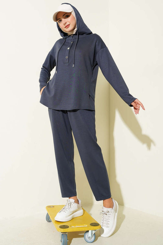Yaka Çıtçıtlı Kapüşonlu İkili Takım Füme