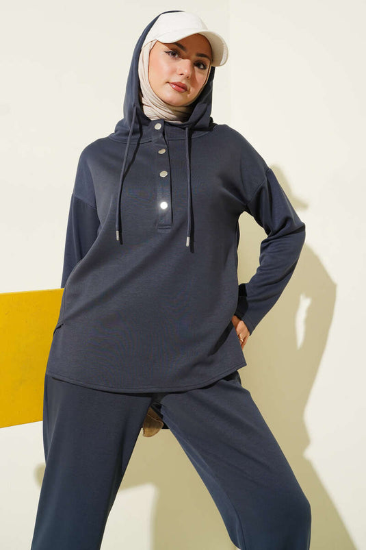 Yaka Çıtçıtlı Kapüşonlu İkili Takım Füme