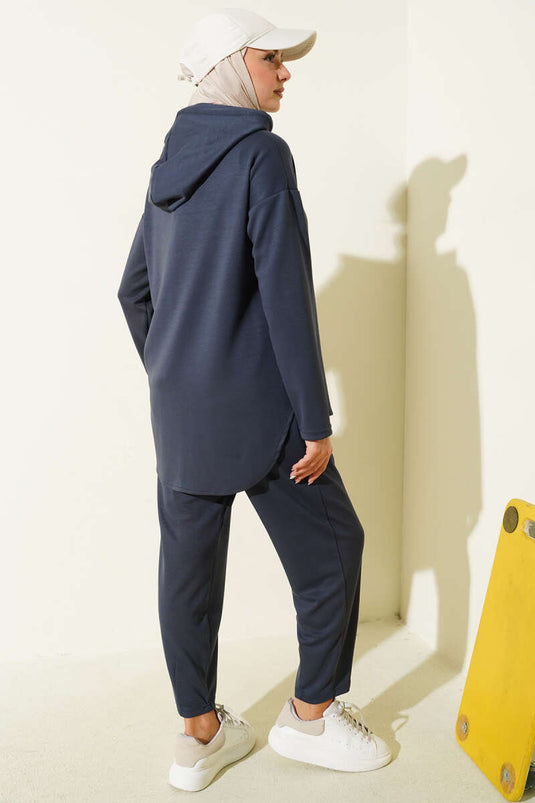 Yaka Çıtçıtlı Kapüşonlu İkili Takım Füme