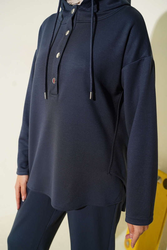 Yaka Çıtçıtlı Kapüşonlu İkili Takım Füme