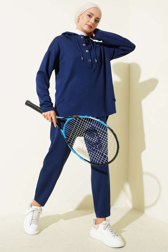 Snap Collar Hooded Two-Piece Suit Navy Blue