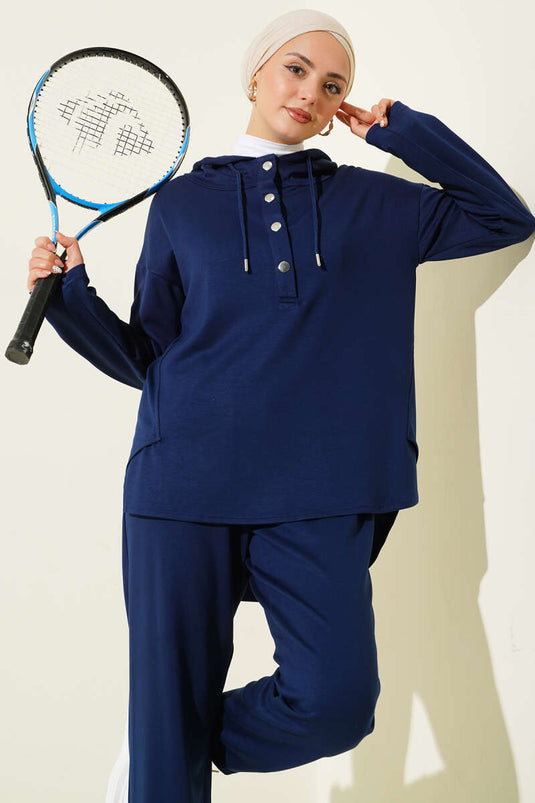 Snap Collar Hooded Two-Piece Suit Navy Blue