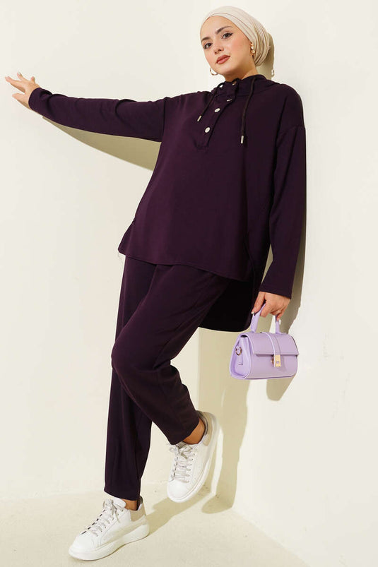 Snap Collar Hooded Two Piece Suit Purple