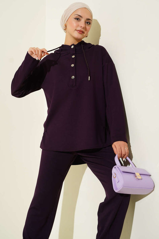 Snap Collar Hooded Two Piece Suit Purple