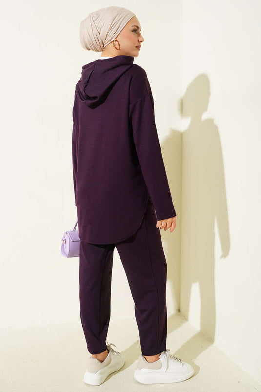 Snap Collar Hooded Two Piece Suit Purple