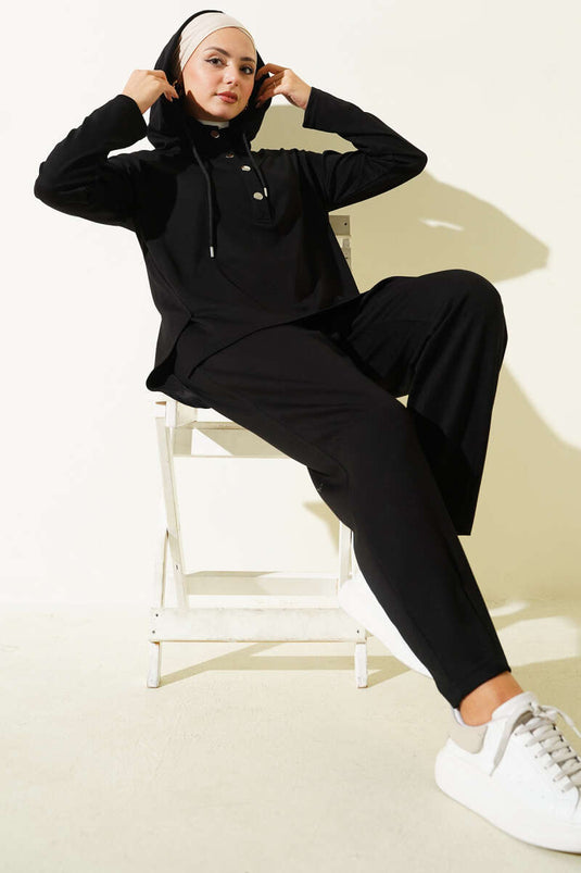 Snap Collar Hooded Two Piece Suit Black