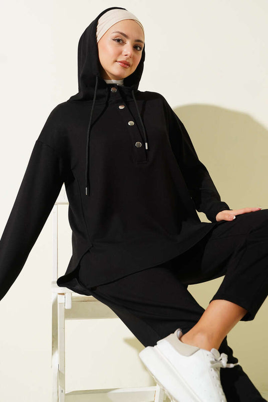 Snap Collar Hooded Two Piece Suit Black