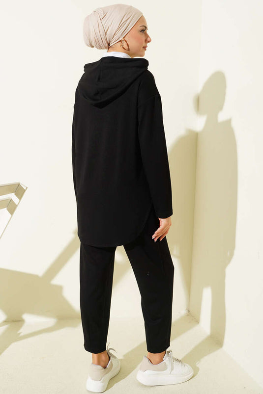 Snap Collar Hooded Two Piece Suit Black