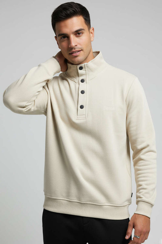 Sweat-shirt homme beige à col boutonné