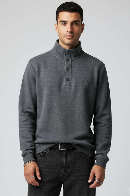 سويت شيرت رجالي بياقة بأزرار كبس، رمادي داكن
