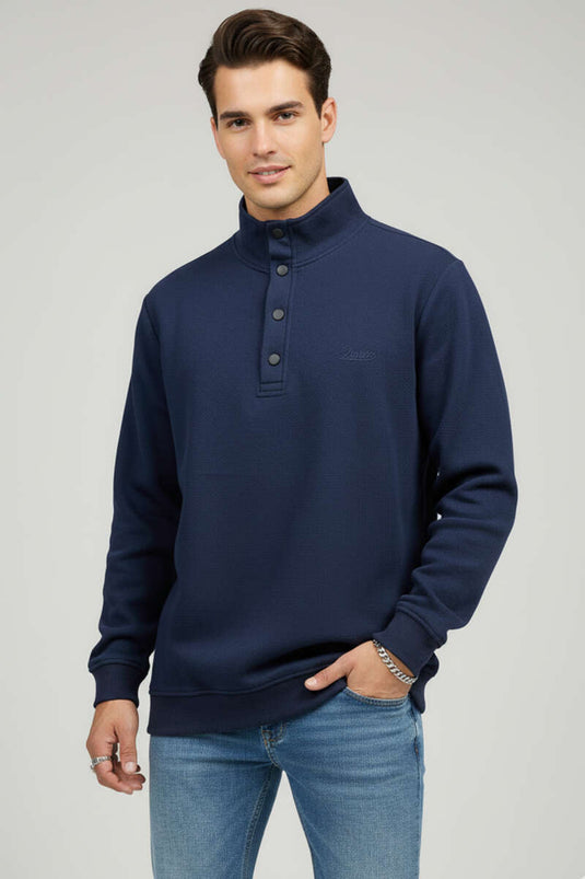 Sweat-shirt Selanik pour homme, col à boutons-pression, bleu marine