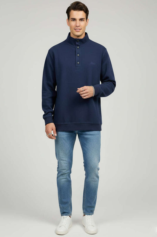 Herren-Sweatshirt mit Druckknopfkragen, Marineblau