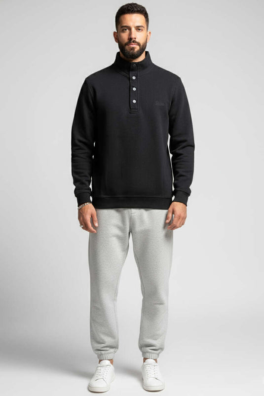 Herren-Sweatshirt mit Druckknopfkragen, Schwarz