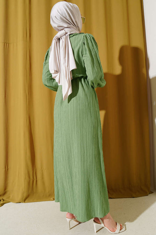 Yaka Dantelli Bel Tünelli Elbise Çağla Yeşili