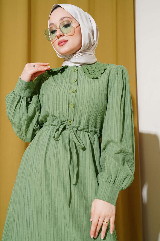 Yaka Dantelli Bel Tünelli Elbise Çağla Yeşili