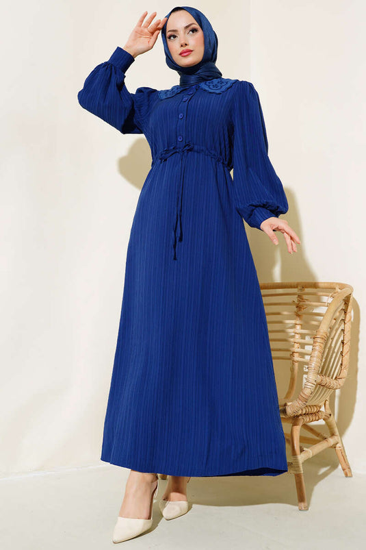 Yaka Dantelli Bel Tünelli Elbise Lacivert