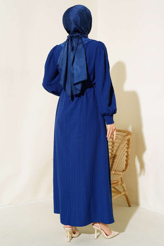 Yaka Dantelli Bel Tünelli Elbise Lacivert