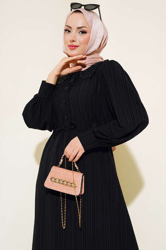 Lace Collar Waist Tunnel Dress Black