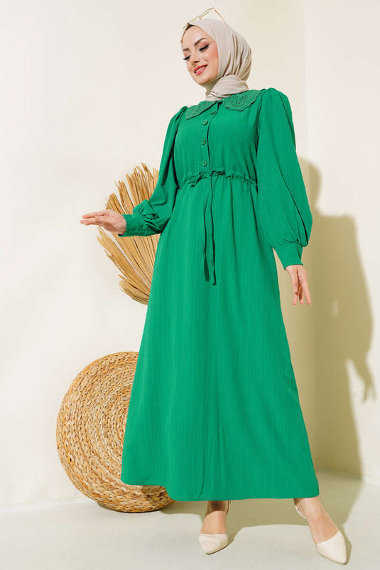 Yaka Dantelli Bel Tünelli Elbise Yeşil