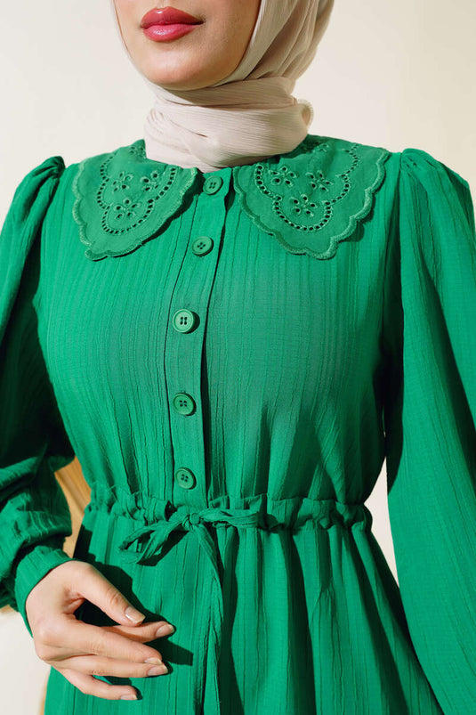 Yaka Dantelli Bel Tünelli Elbise Yeşil