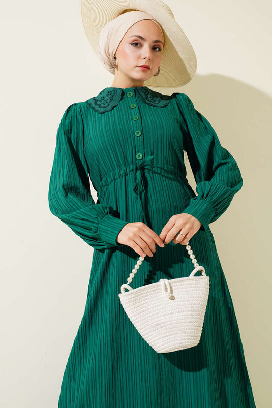 Yaka Dantelli Düğmeli Elbise Yeşil