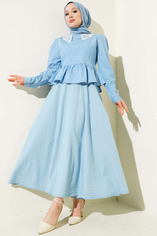 Lace Collar Skirted Two Piece Set Denim Blue