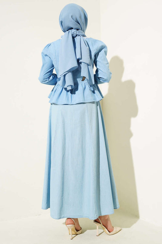 Lace Collar Skirted Two Piece Set Denim Blue