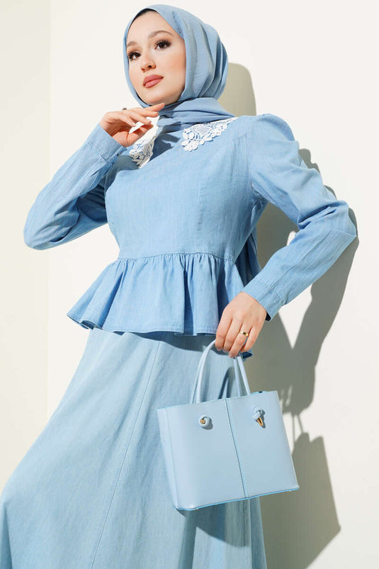 Lace Collar Skirted Two Piece Set Denim Blue