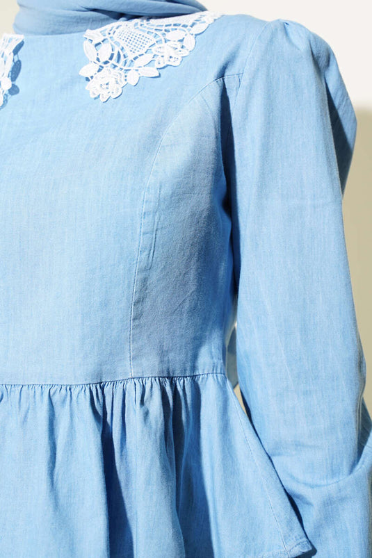Lace Collar Skirted Two Piece Set Denim Blue