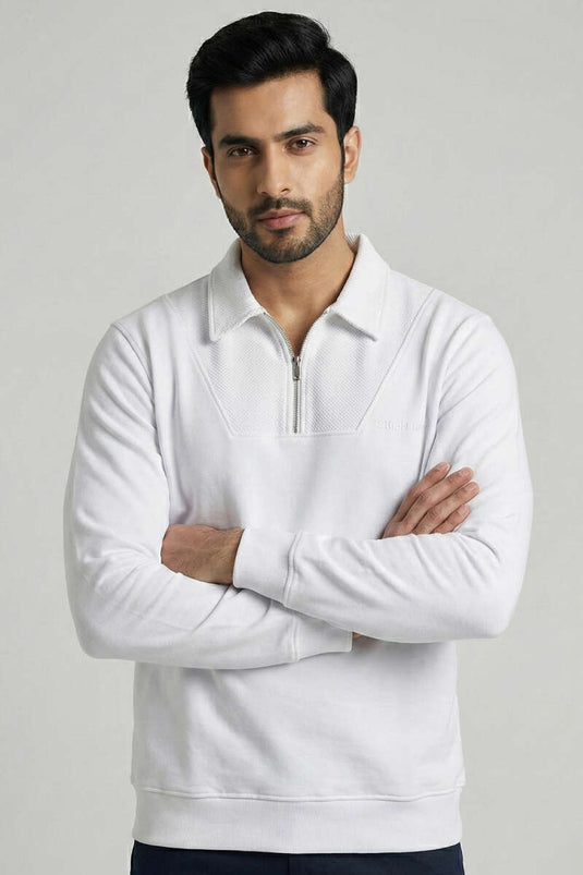 Sweat-shirt pour homme blanc à capuche avec fermeture éclair et détails Yaka