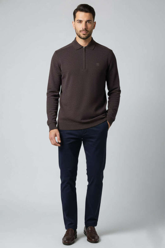Sweat-shirt homme avec col et demi-zip, marron foncé