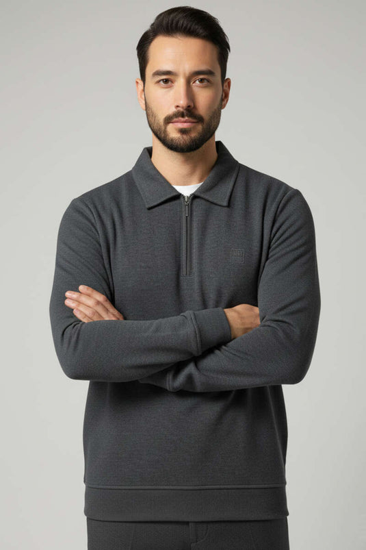 Sweat-shirt homme avec col et demi-zip, gris foncé