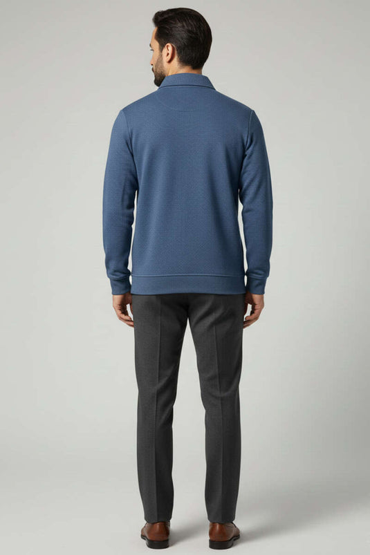 سويت شيرت رجالي بياقة مزينة بتفاصيل وسحاب نصفي، أزرق