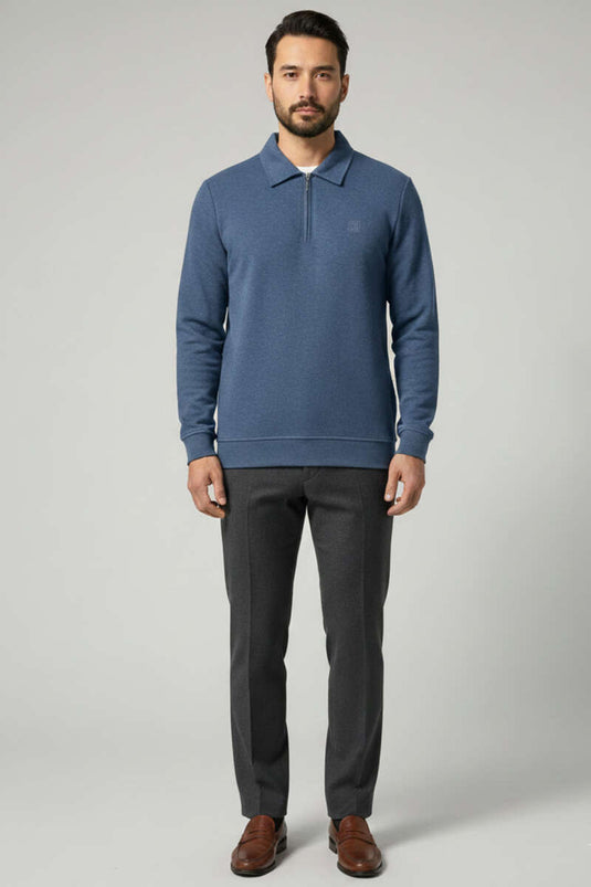 سويت شيرت رجالي بياقة مزينة بتفاصيل وسحاب نصفي، أزرق