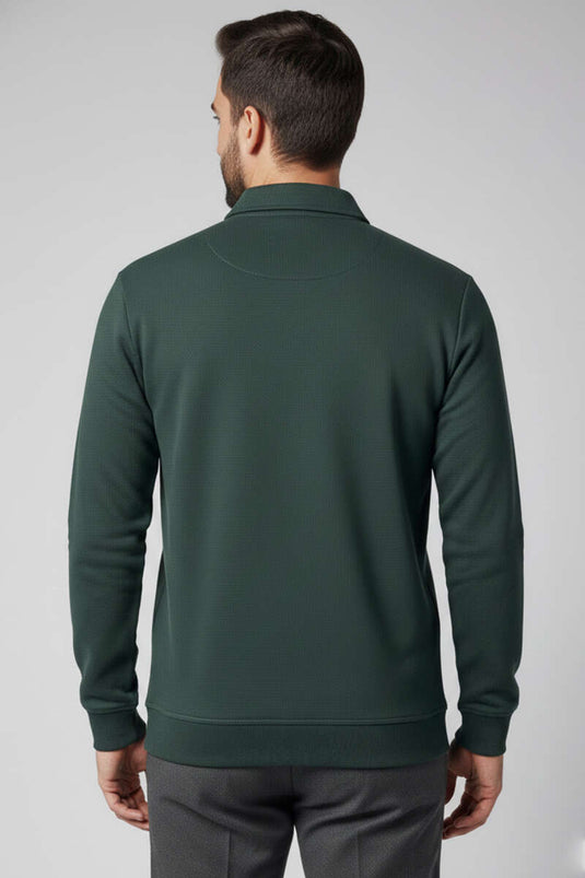 سويت شيرت رجالي بياقة مزينة بتفاصيل وسحاب نصفي، على طراز سالونيك، أزرق داكن