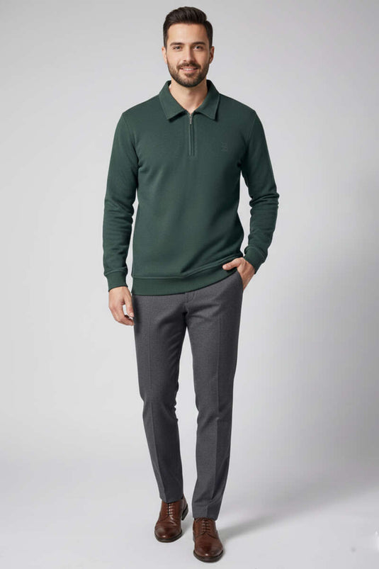 سويت شيرت رجالي بياقة مزينة بتفاصيل وسحاب نصفي، على طراز سالونيك، أزرق داكن