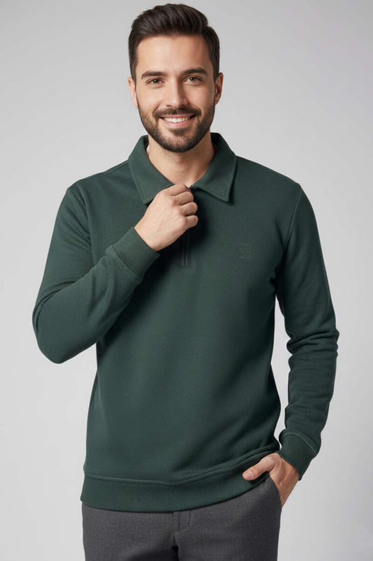 سويت شيرت رجالي بياقة مزينة بتفاصيل وسحاب نصفي، على طراز سالونيك، أزرق داكن