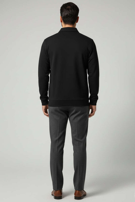 سويت شيرت رجالي بياقة مزينة بتفاصيل وسحاب نصفي، أسود