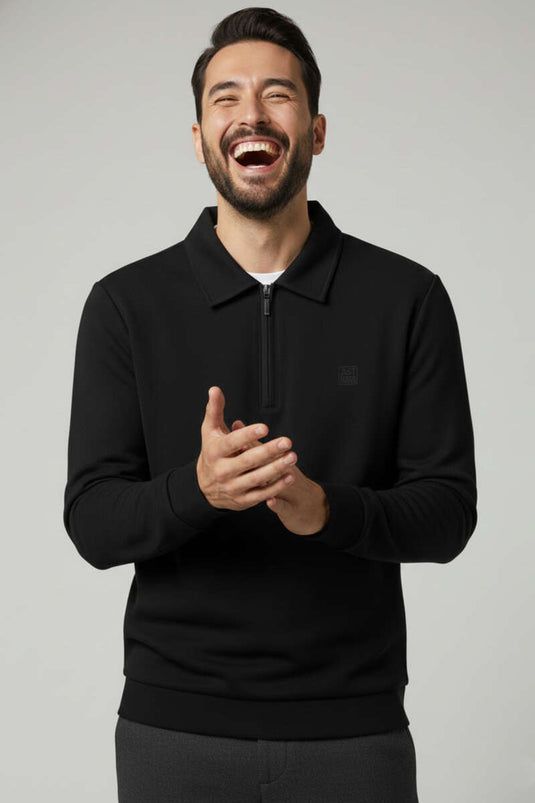 سويت شيرت رجالي بياقة مزينة بتفاصيل وسحاب نصفي، أسود