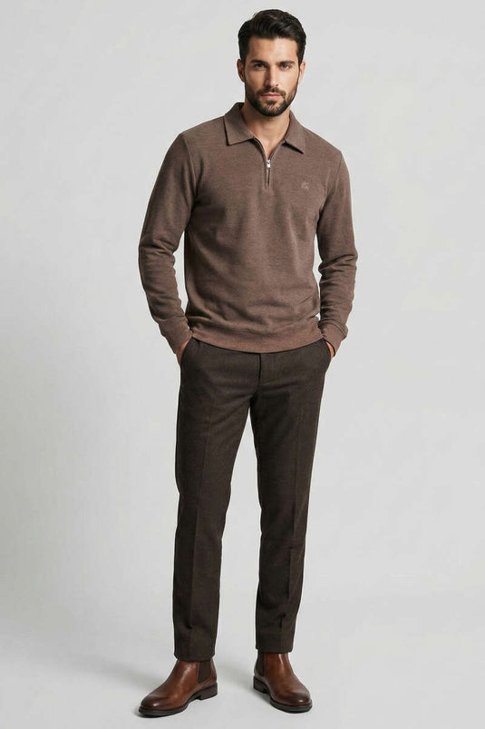 سويت شيرت رجالي نصف سحاب بتفصيل ياقة من صوف سلانيك لون قهوة بالحليب