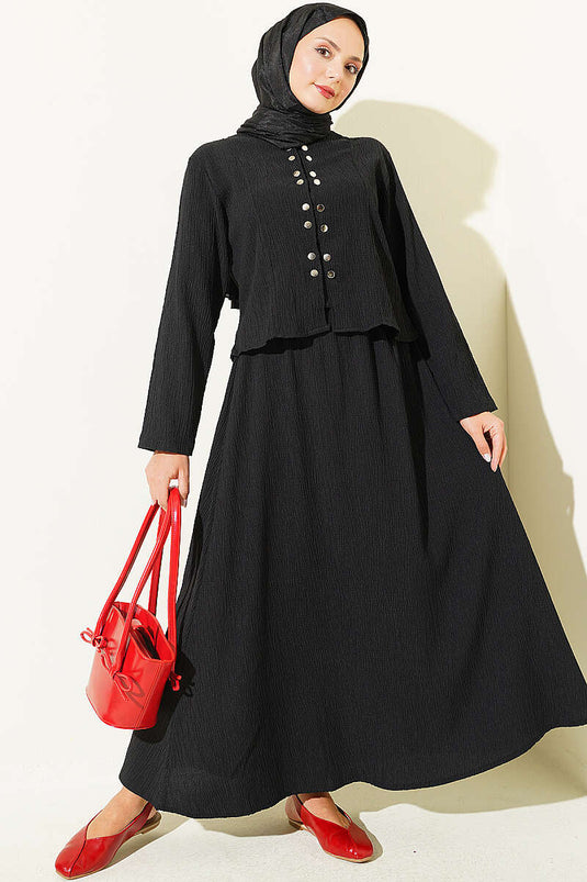 Conjunto De Dos Piezas Negro Con Camisa Con Detalles De Botón Y Falda
