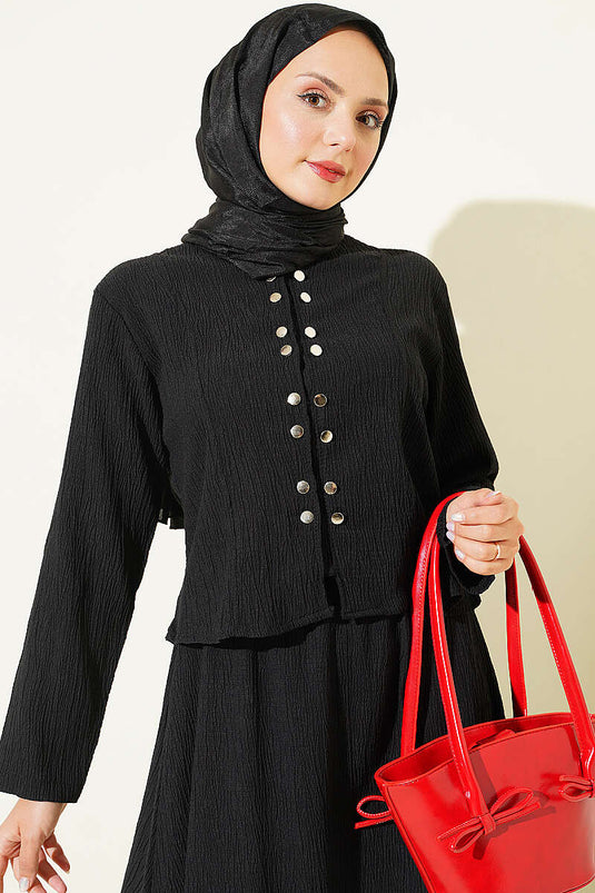 Conjunto De Dos Piezas Negro Con Camisa Con Detalles De Botón Y Falda